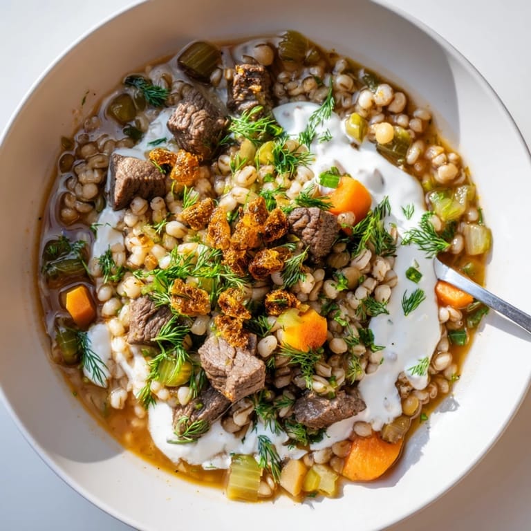 Spoon-ready Beef Barley Soup topped with crispy mint onions, ready to serve with crusty bread.