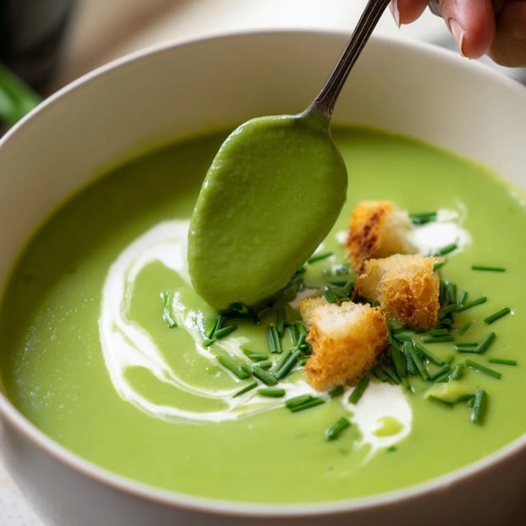 A spoon dips into velvety Cream of Broccoli Soup, revealing smooth texture and bright green hue.