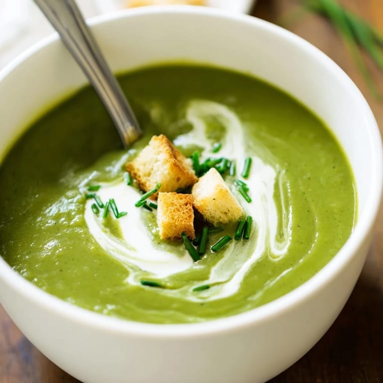 Serving Cream of Broccoli Soup from a pot, topped with a drizzle of cream and pepper.