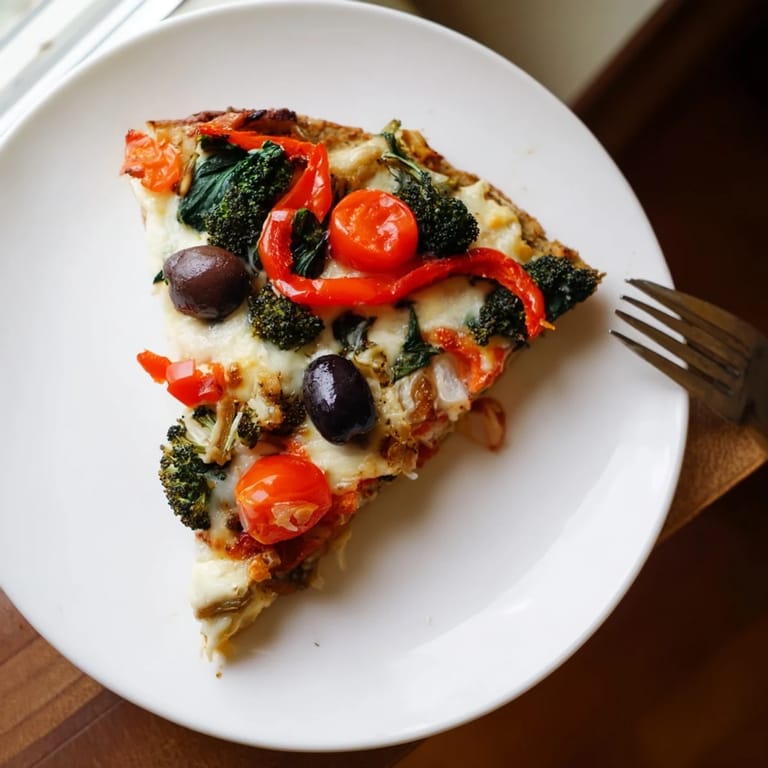 Homemade Broccoli Chicken Crust Pizza served on a rustic cutting board with a sprinkle of chili flakes and basil garnish.