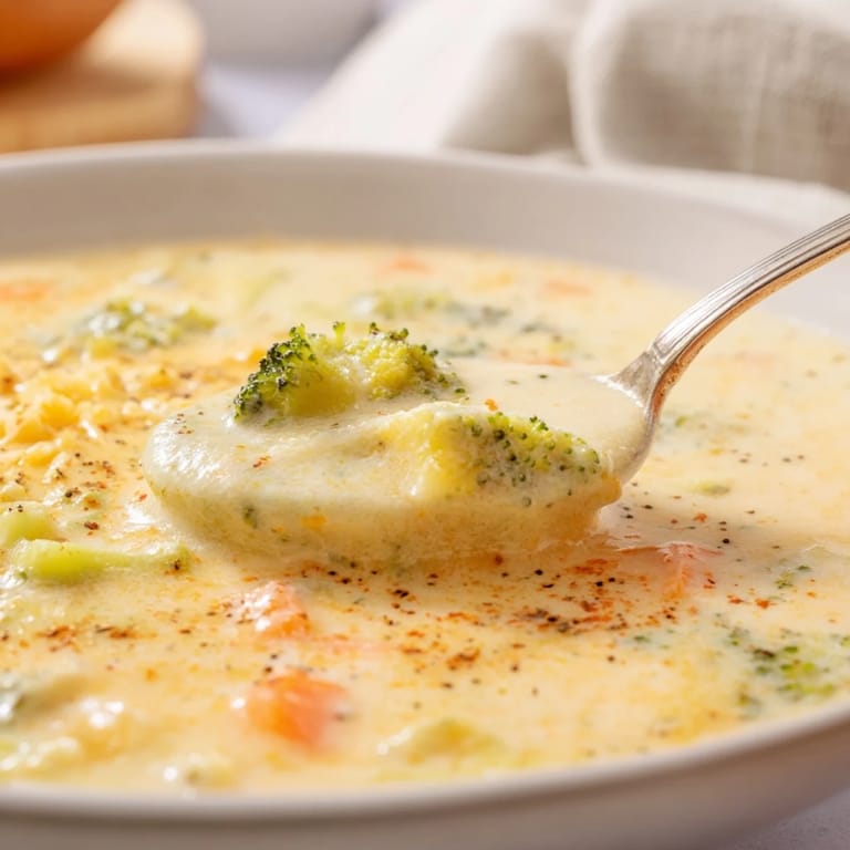 Hearty bowl of homemade broccoli cheddar soup, featuring sweet carrots and smooth cheese sauce, paired with crusty bread.