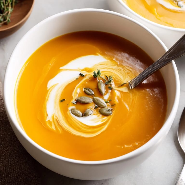 A bowl of Roasted Butternut Squash Soup garnished with fresh thyme and seeds, served with crusty bread on the side.