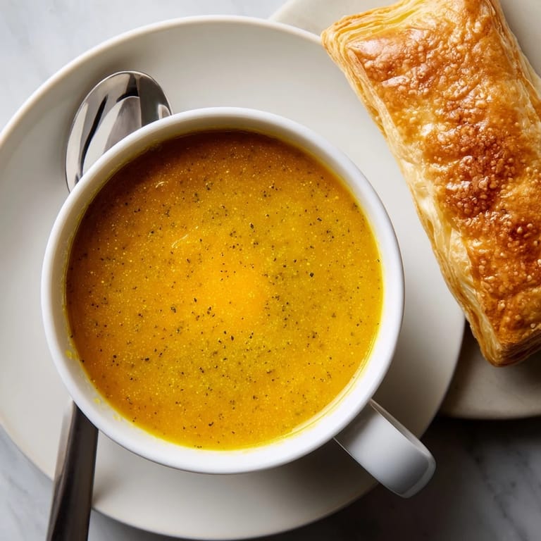 Vibrant green broccoli florets and smooth orange butternut squash soup crowned with a warm, cheesy puff pastry.
