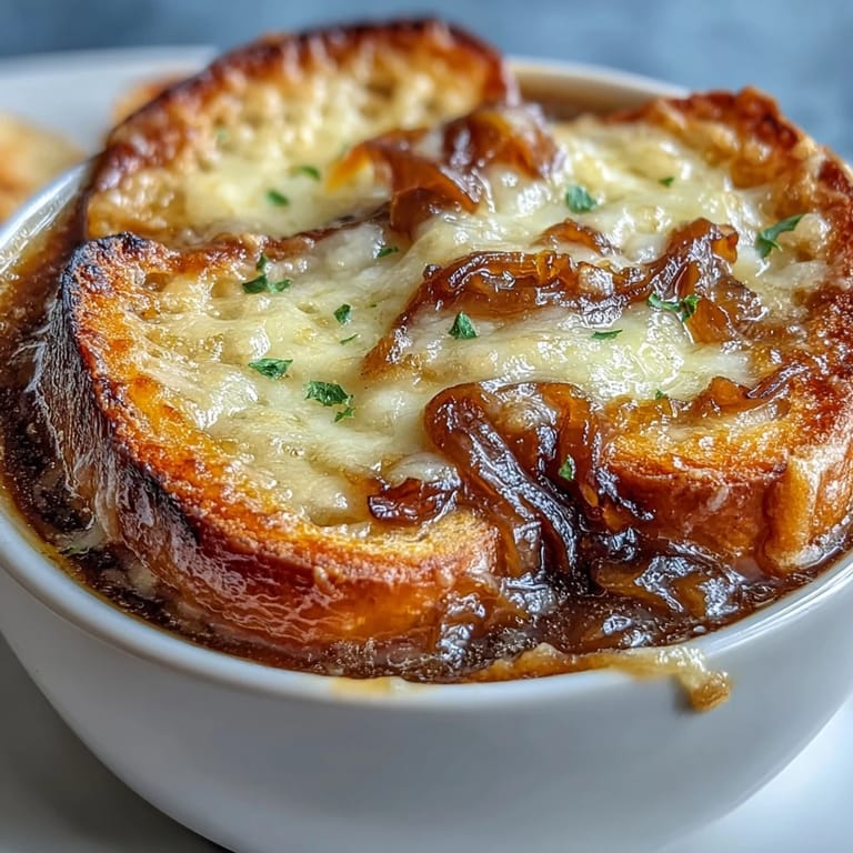 Golden brown onions simmered in rich beef broth, creating this classic French Onion Soup served in a cozy rustic bowl.