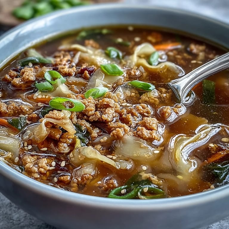 Close-up view of Cozy One-Pot Egg Roll Soup, featuring savory pork, shredded cabbage, carrots, and silky egg ribbons in a rich broth.