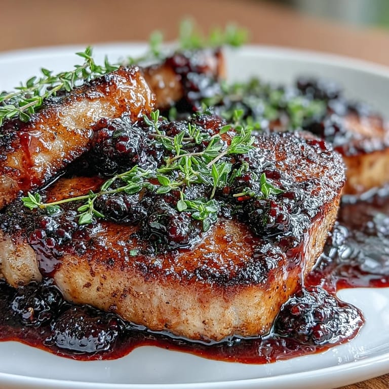 Juicy, pan-seared Bourbon Blackberry Pork Chops drizzled with warm sauce, alongside roasted potatoes.  