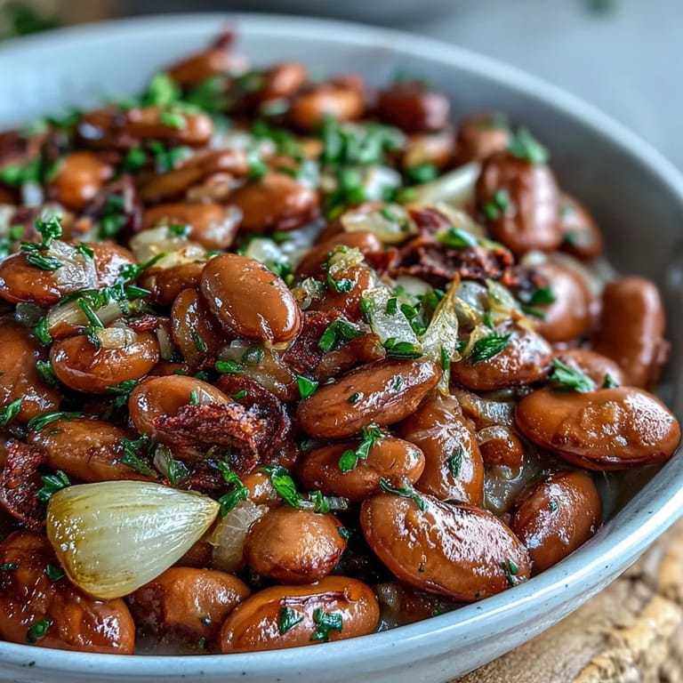 Creamy pinto beans gently cooked with garlic and olive oil, served warm in a rustic bowl for a comforting side dish.  