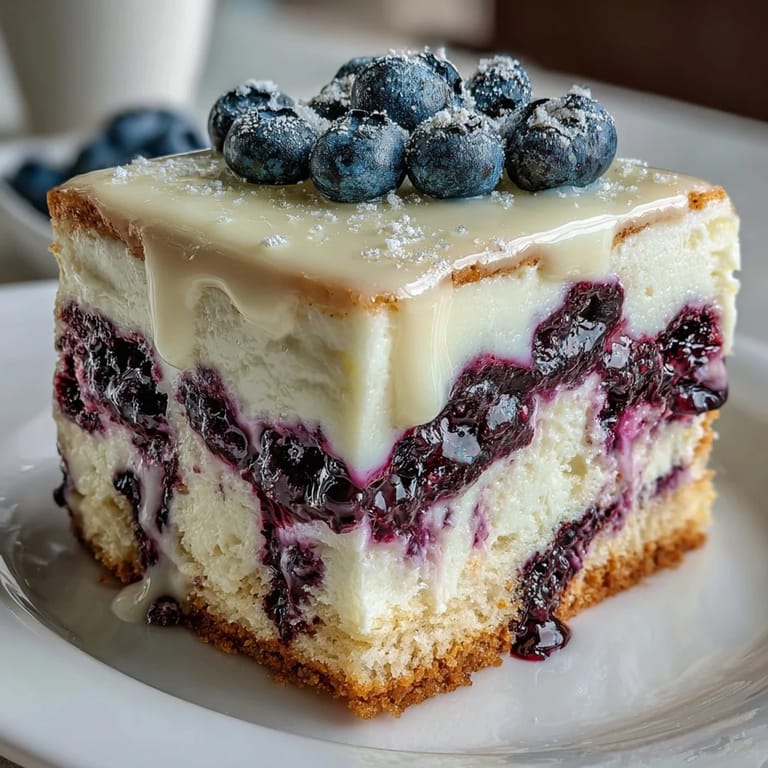 Close-up of Lemon Blueberry Shortbread Mousse Cake showing creamy lemon texture and glossy blueberry swirls, ready to be enjoyed.