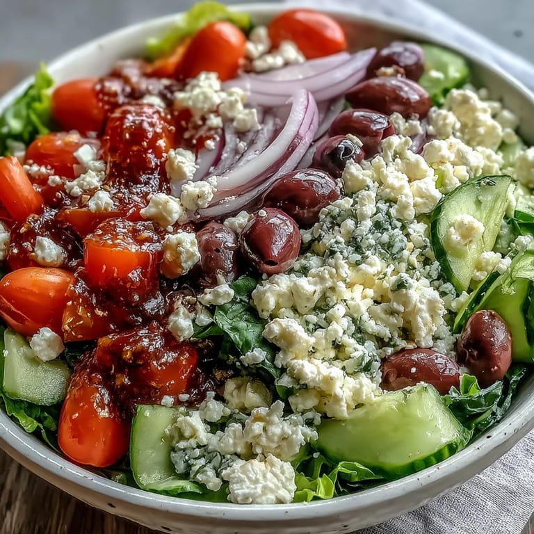 Flavorful Greek Salad Bowl waiting to be tossed with zesty Mediterranean vinaigrette.
