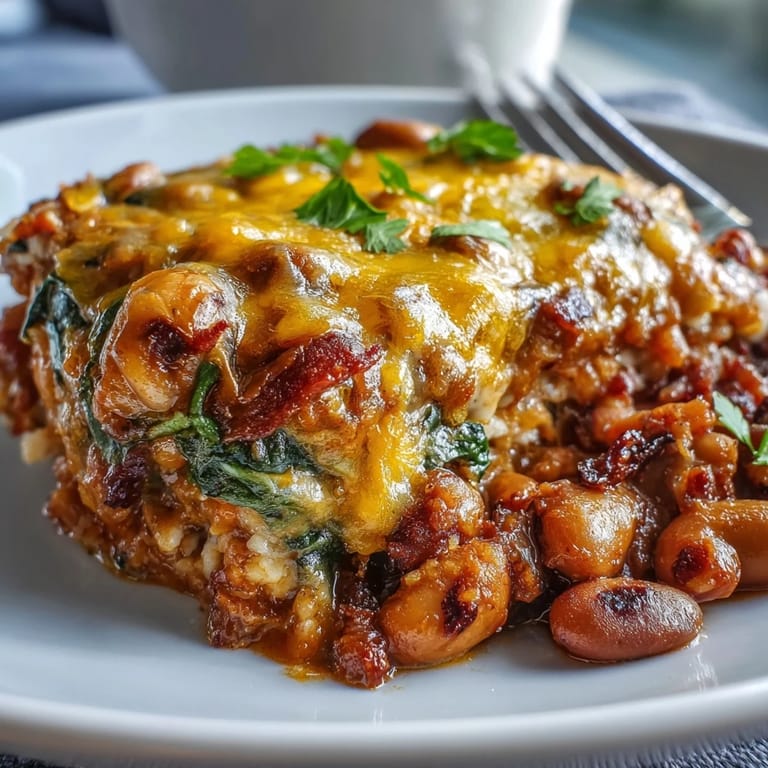Crumbled bacon and diced onions peek through the baked Tex Mex Black Eyed Pea Casserole.