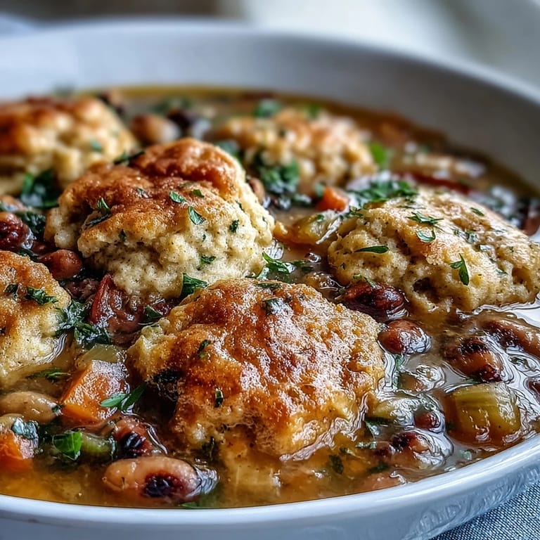 Close-up of Black-Eyed Peas and Sausage Dumplings revealing tender vegetables, rich broth, and golden buttermilk dumplings perfect for a cozy family dinner.