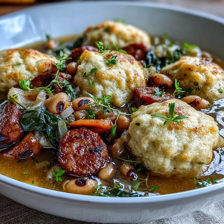 Spoon lifting a fluffy dumpling from a pot of Black-Eyed Peas and Sausage Dumplings, showcasing the thick, comforting Southern-style stew underneath.