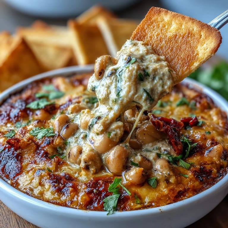 Spicy Hot Black-Eyed Pea Dip topped with shredded cheese, diced red peppers, and cumin, paired with crunchy vegetable sticks.