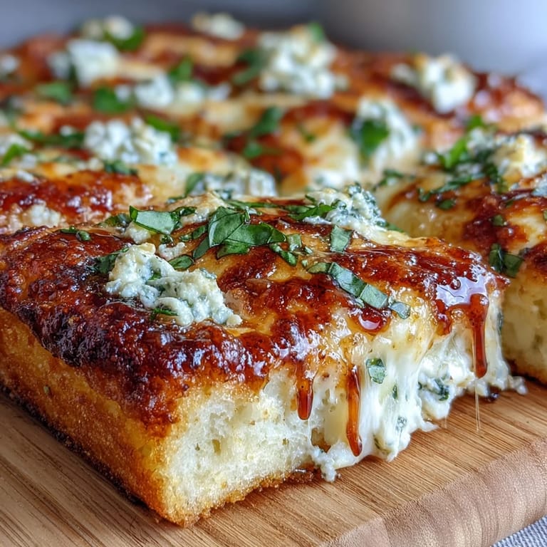 Hot Honey Ricotta Pizza served hot, slice being lifted with melted cheese stretching dramatically.