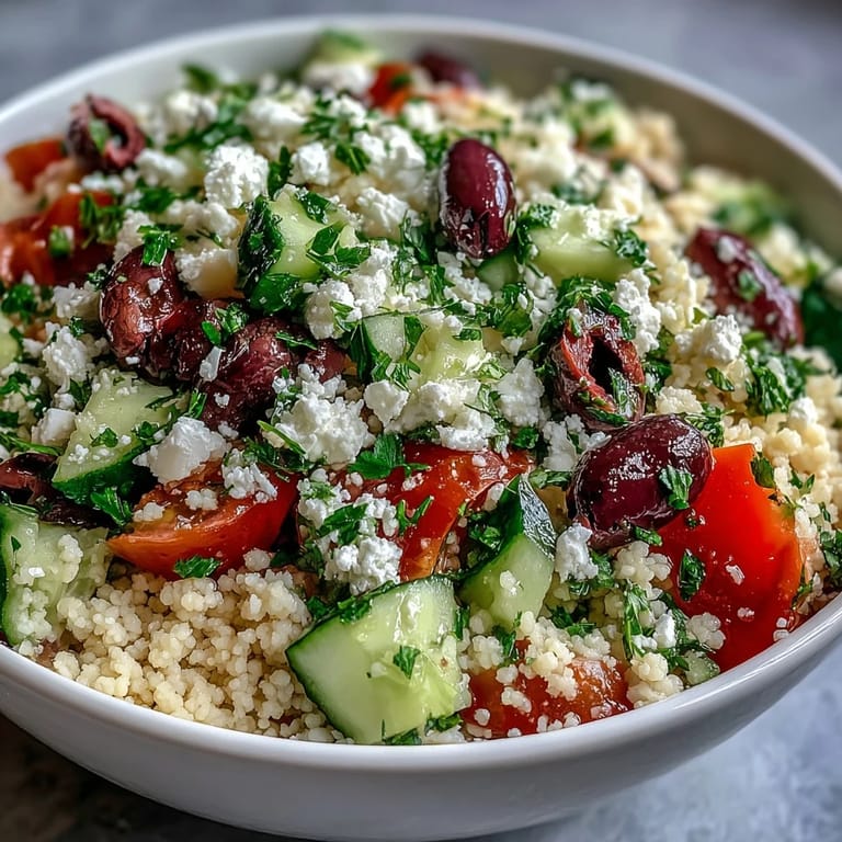 A colorful bowl of Mediterranean Pearl Couscous topped with crumbled feta cheese, chopped parsley, and juicy halved cherry tomatoes served on a plate.