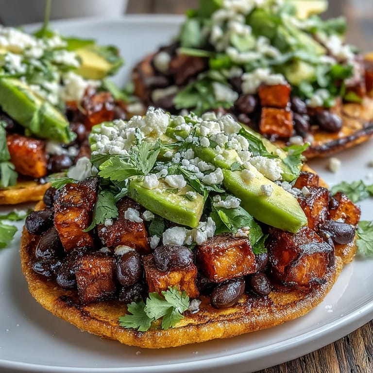 Sliced avocado and crumbled feta top these vegetarian, gluten-free Black Bean and Sweet Potato Tostadas.
