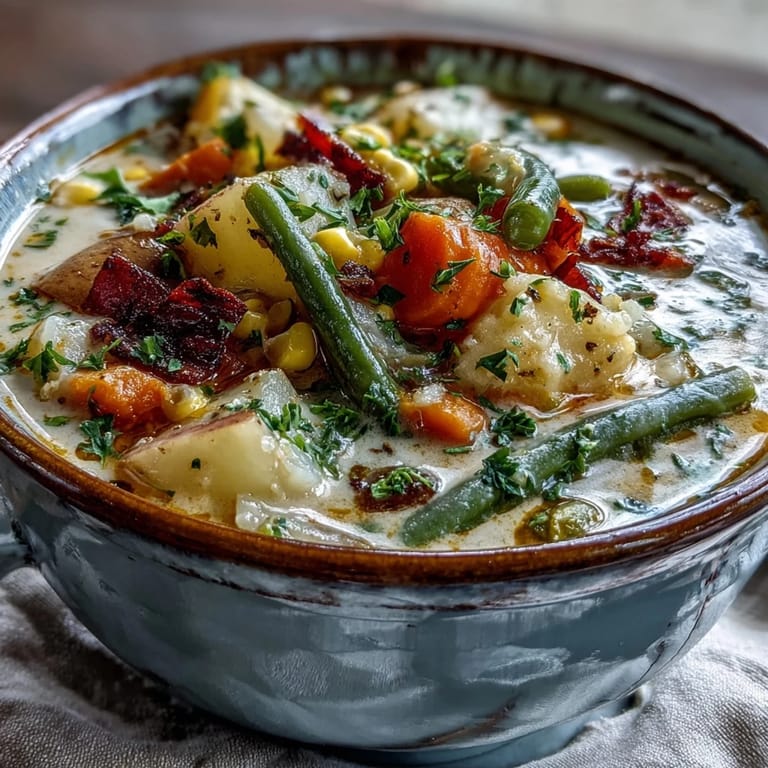 A comforting pot of Amish Snow Day Soup, rich with thyme and heavy cream, perfect for cold weather.