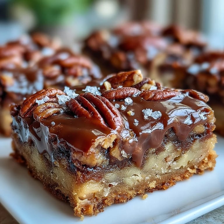 Cut squares of Decadent Sweet and Chewy Turtle Bars showcase a golden crumb topping, served on a rustic wooden board.
