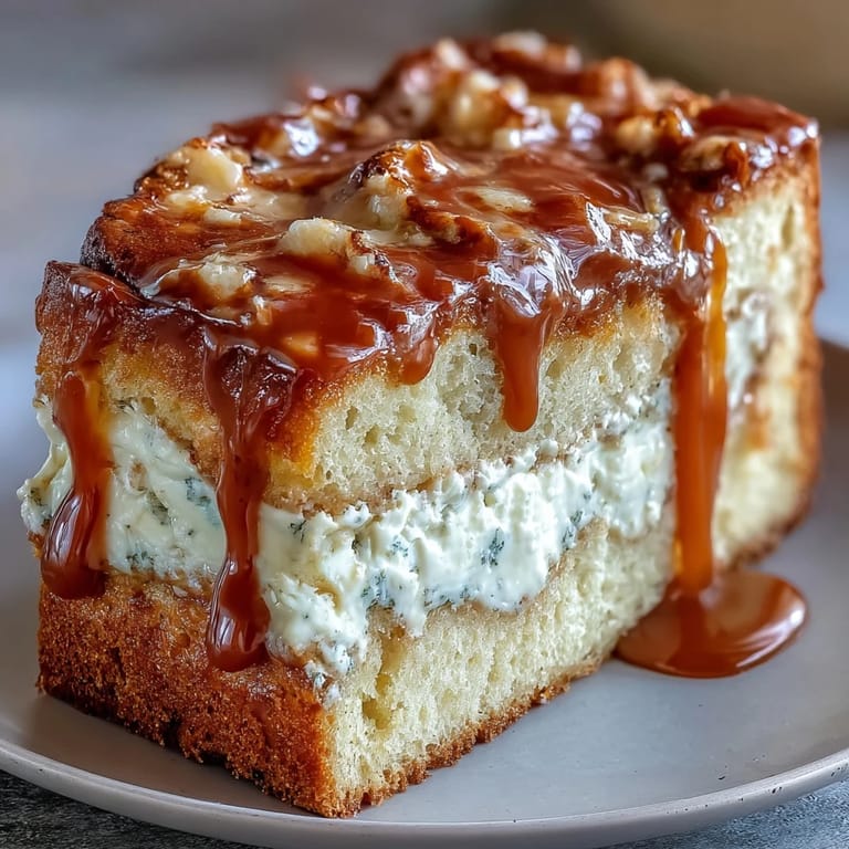 Slice of Caramel Cream Cheese Bread reveals a rich cream cheese swirl and gooey caramel ribbon.