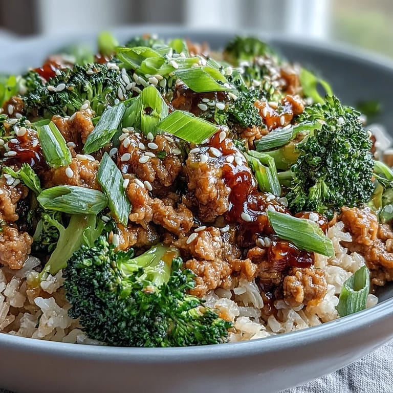 Topped Sweet and Spicy Turkey Broccoli Bowl with saucy turkey, crisp steamed broccoli, and sesame seeds over fluffy brown rice, ready to eat.