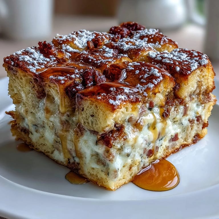 Monte Cristo Breakfast Casserole layers cinnamon-soaked bread, savory ham, turkey, and melted Swiss cheese.