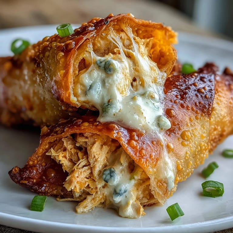 These crispy Buffalo Chicken Dip Egg Rolls are served alongside a bowl of blue cheese dip.