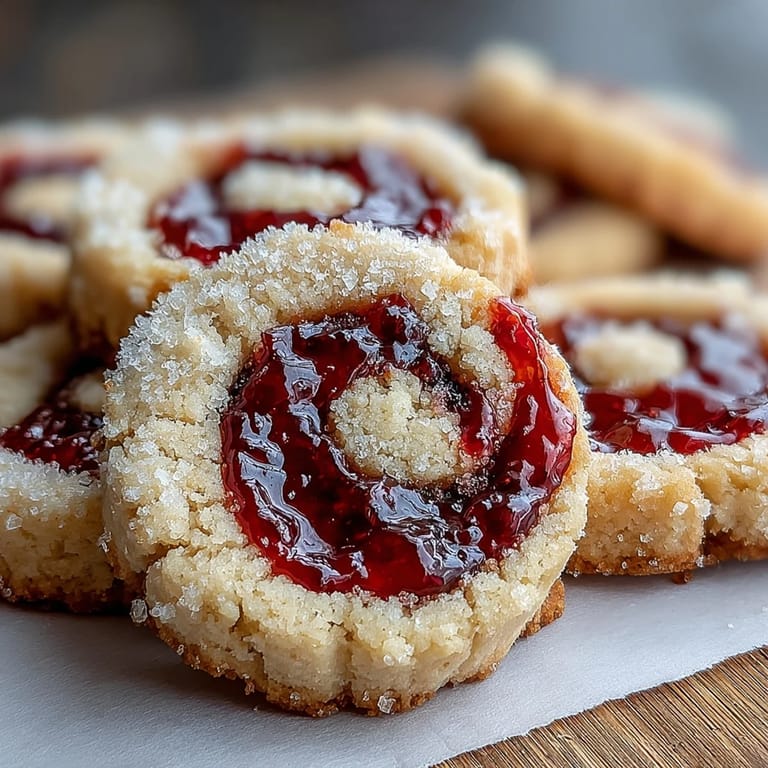 A close-up shot of a single Raspberry Swirl Shortbread Cookie with a cup of tea, highlighting the buttery crumb and tangy raspberry swirl.
