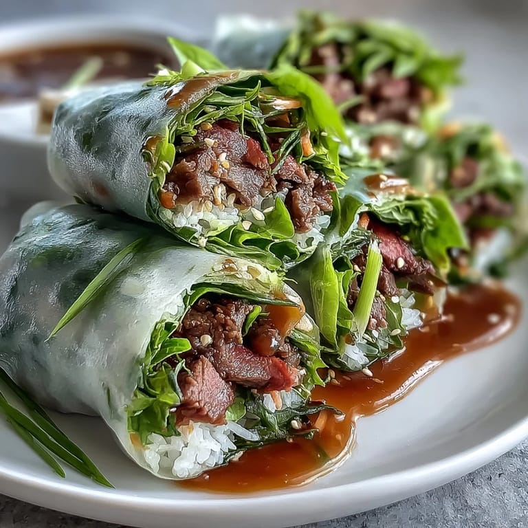 Platter of Thai Basil Beef Rolls, arranged with fresh cilantro and mint, perfect for a light lunch.