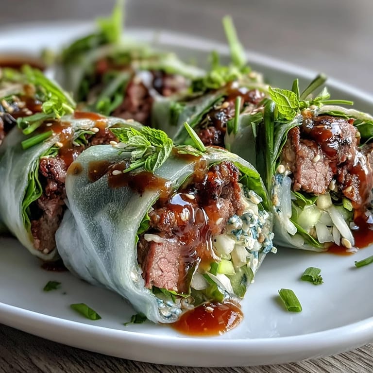 Close-up of Thai Basil Beef Rolls, showcasing colorful carrots, cucumbers, and fresh basil on rice paper.  