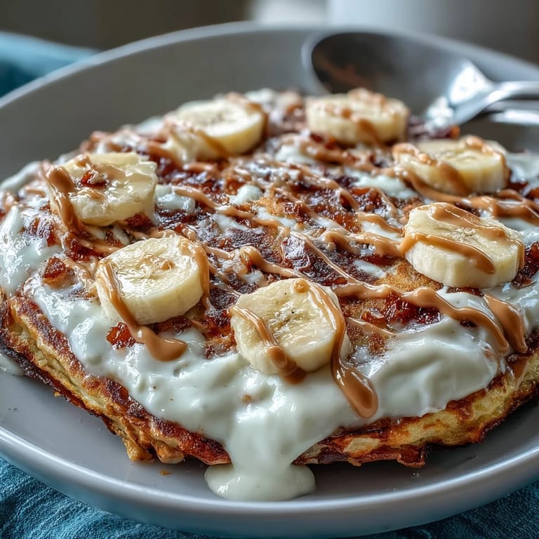 Warm baked High-Protein Breakfast Pizza Bowl featuring a golden pancake base, fluffy yogurt topping, and sliced bananas for breakfast.