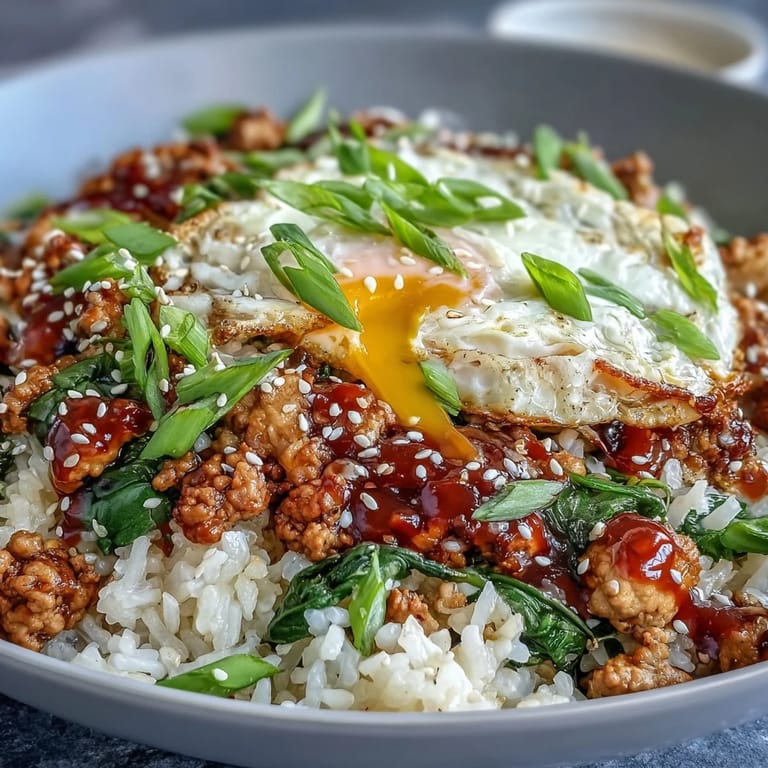 Enjoy this easy one-pan Creamy Korean Turkey Rice Skillet, complete with a halved jammy egg, ready for a quick weeknight family dinner.