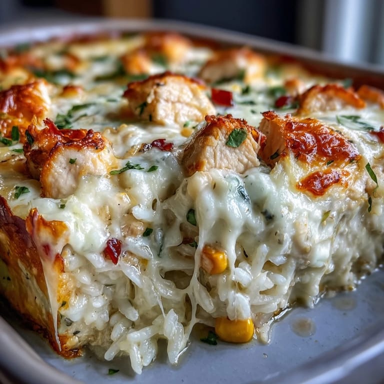 Close-up of a spoon scooping creamy Creamy Garlic Chicken & Rice Casserole, revealing tender chicken, rice, and melted Parmesan.