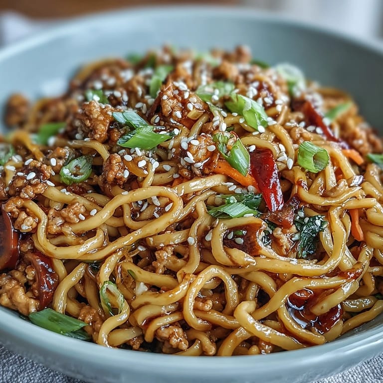 Quick weeknight Korean Turkey Fried Noodles served in a bowl, ready to enjoy with chopsticks.