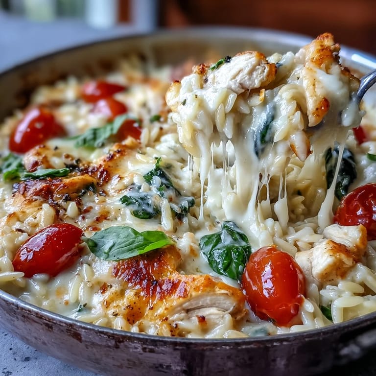 A hearty serving of One-Pan Creamy Chicken Lasagna Orzo topped with fresh basil and vibrant cherry tomatoes.