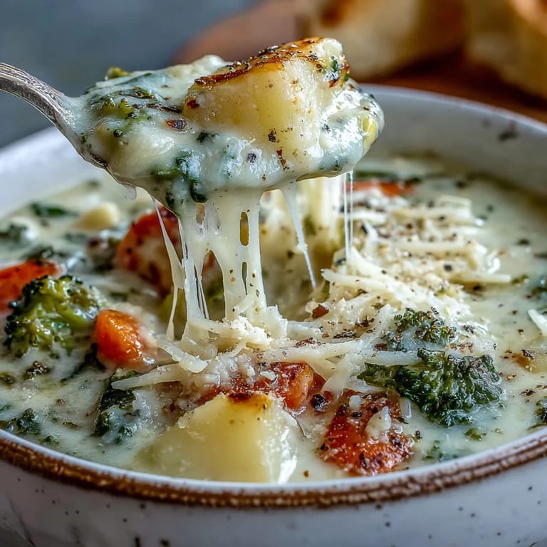A rich pot of Creamy Garlic Parmesan Veggie Soup shows colorful vegetables like carrots, broccoli, and bell peppers in a creamy, cheesy broth.