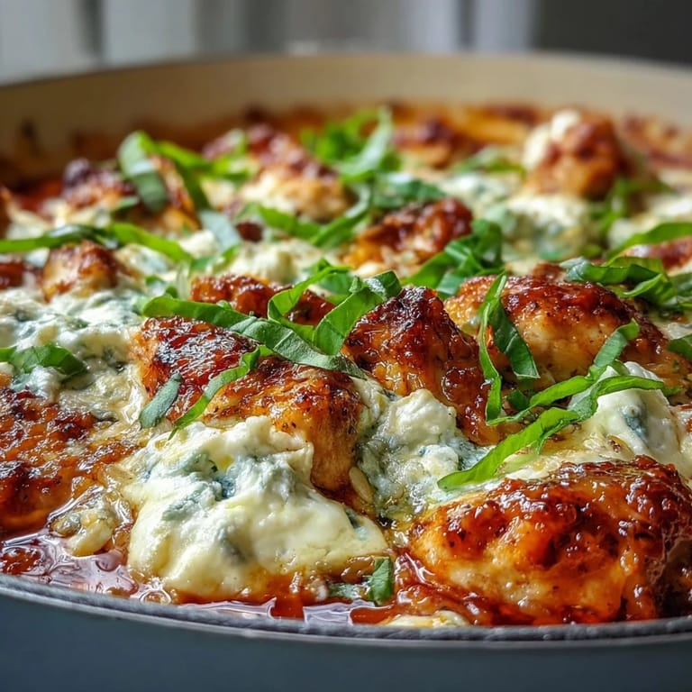 A rustic bowl holds one-pan creamy chicken lasagna orzo topped with ricotta and a side salad.