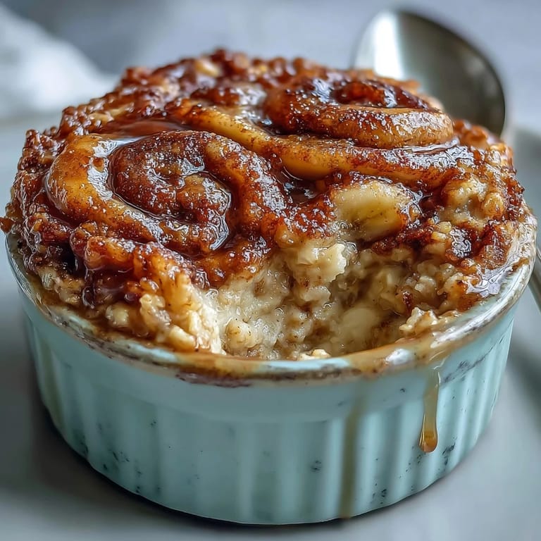Fluffy Cinnamon Swirl Protein Banana Baked Oats served warm on a rustic breakfast table with coffee.