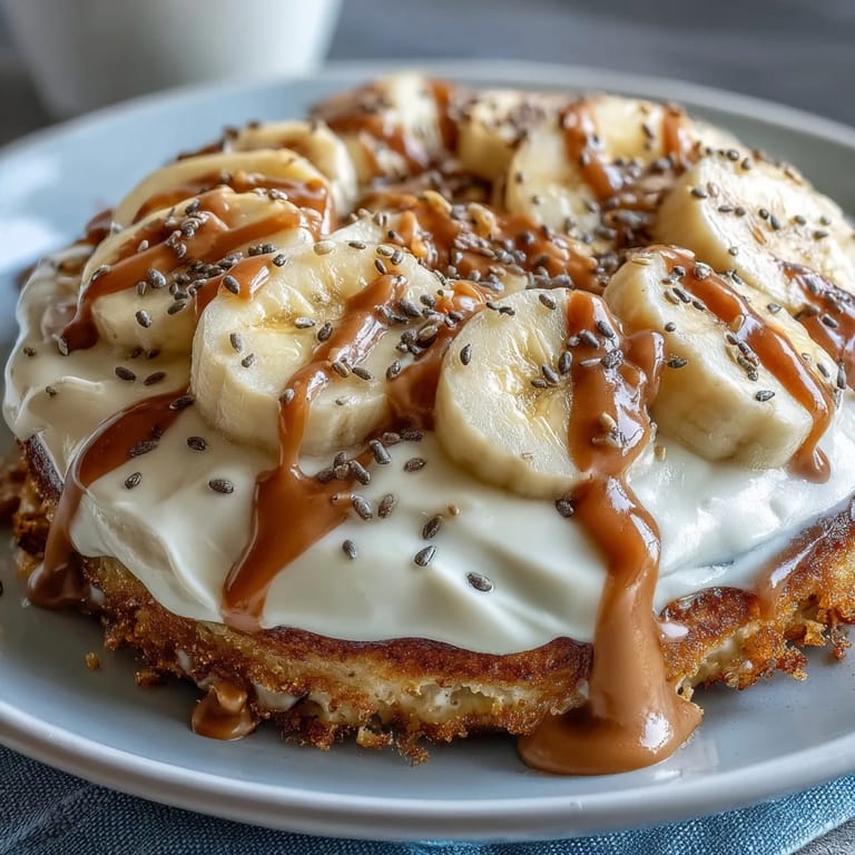 Golden pancake base, fresh banana slices, and peanut butter drizzle on a High-Protein Breakfast Pizza Bowl.