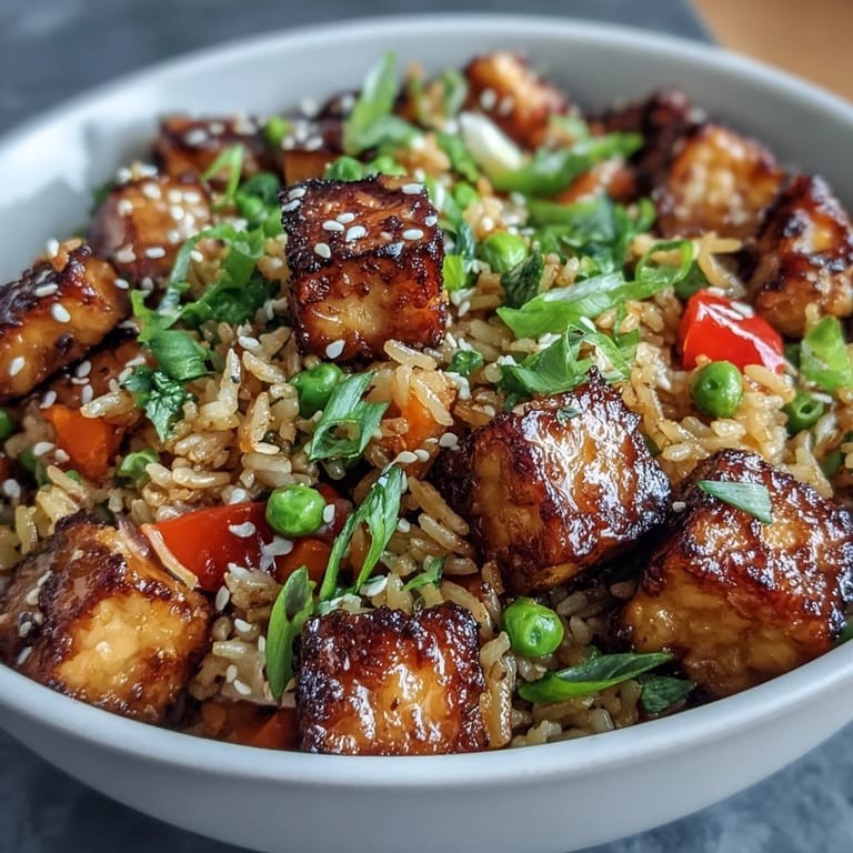 A generous serving of Crispy Sesame Tofu Fried Rice in a wok, garnished with fresh green onions and sesame seeds, ready to eat.