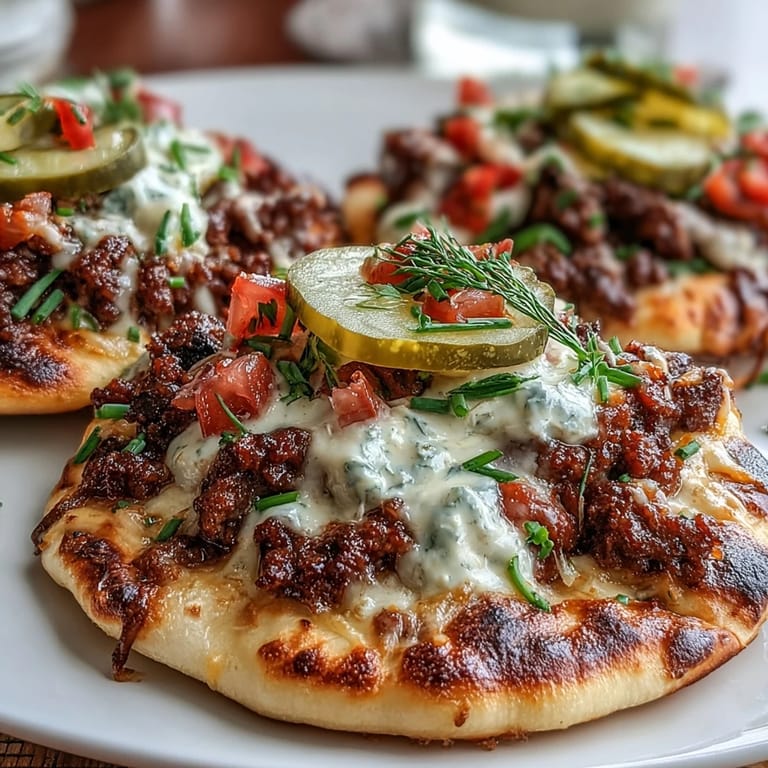 A close-up shows bubbling Cheeseburger Garlic Naan Pizzas fresh from the oven, ready to be garnished with ketchup for a true American cheeseburger flavor.