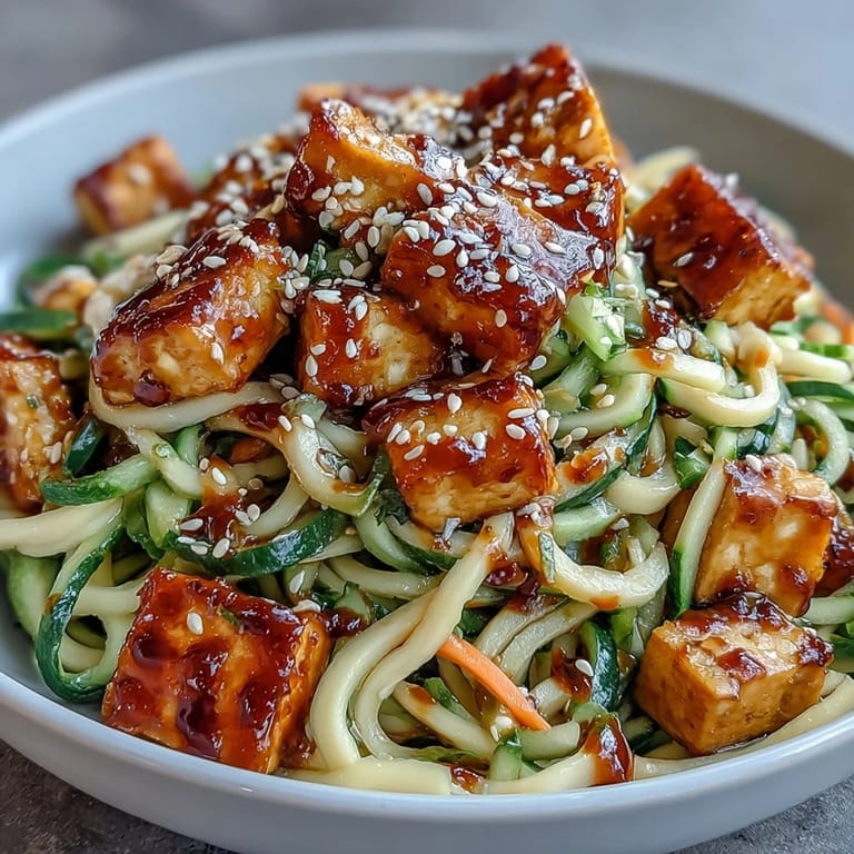 Warm TikTok-Style Chili Crisp Cucumber Noodle Bowls topped with golden tofu and spicy chili crisp sauce.