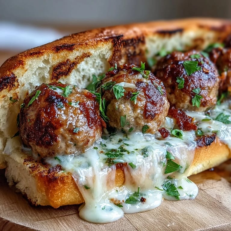 Four toasted subs filled with saucy turkey meatballs and creamy garlic Parmesan sauce, resting on a wooden board for a rustic presentation.