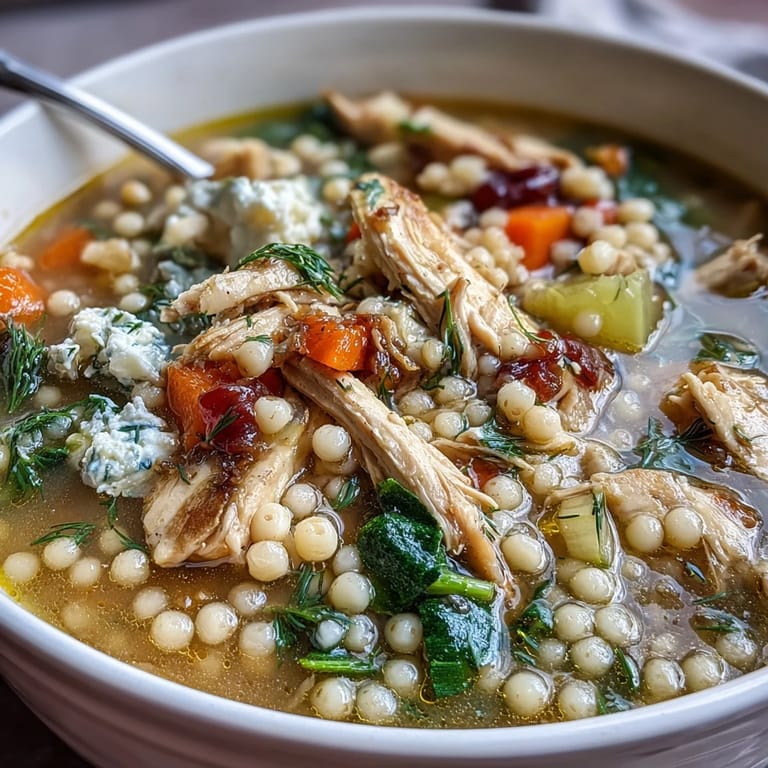 Steaming Greek Chicken & Pearl Couscous Soup served with crusty bread for dipping, showcasing tender chicken and a creamy feta garnish.