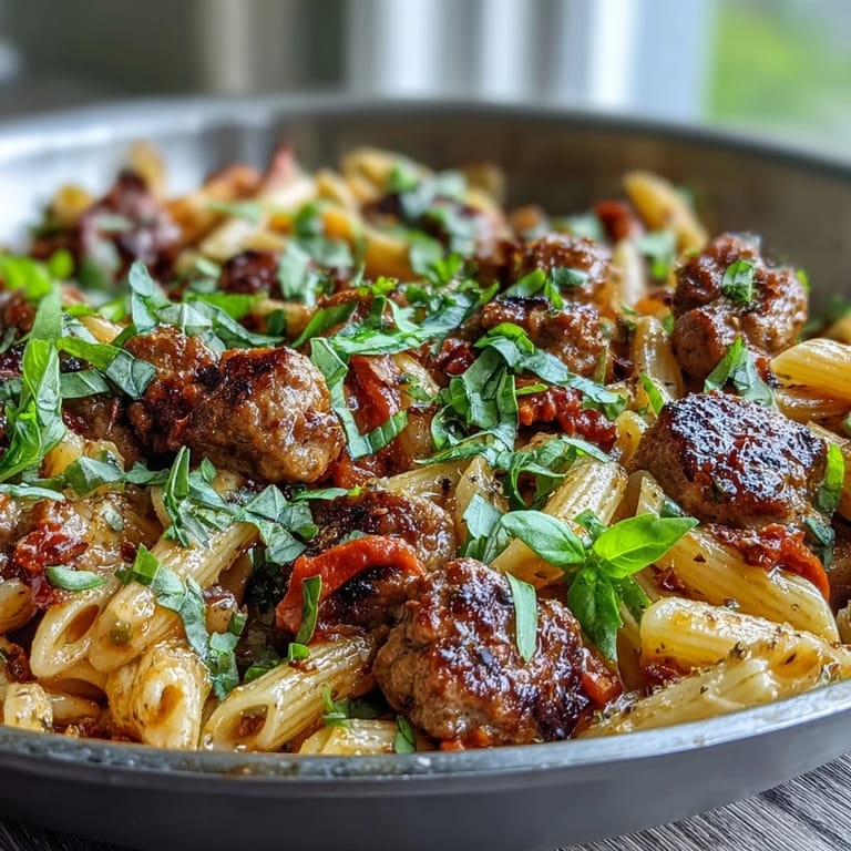 A close-up of One-Pot Red Wine Sausage Pasta featuring savory sausage crumbles, diced red bell pepper, and a velvety red wine cream sauce.