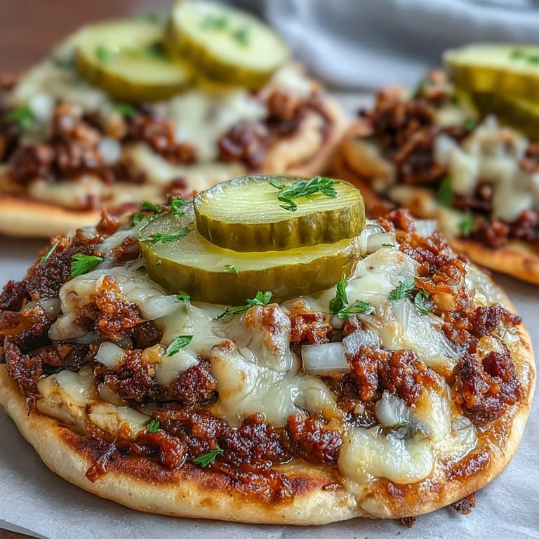 Bubbling beef and cheese topping on warm garlic naan breads, ready to serve with ketchup drizzle for an easy weeknight dinner.