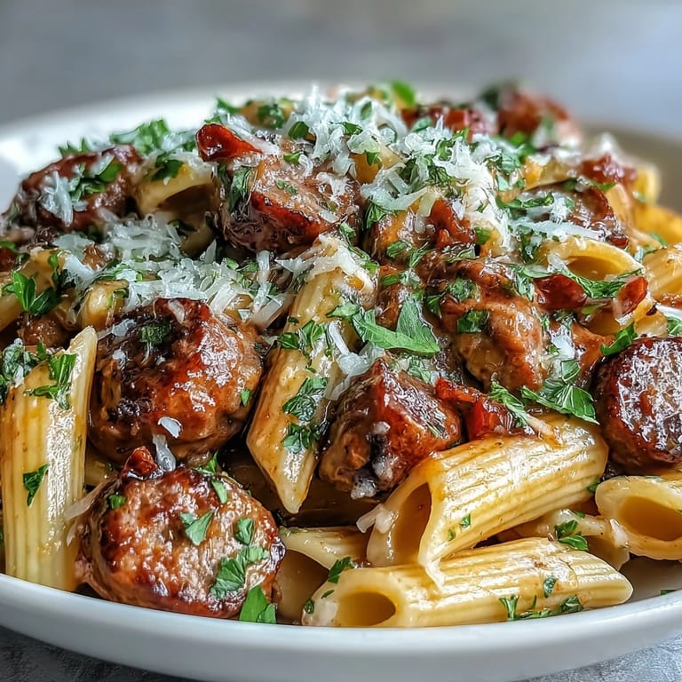 Penne pasta is tossed in a creamy parmesan sauce with crumbled Italian sausage and fresh basil garnish.