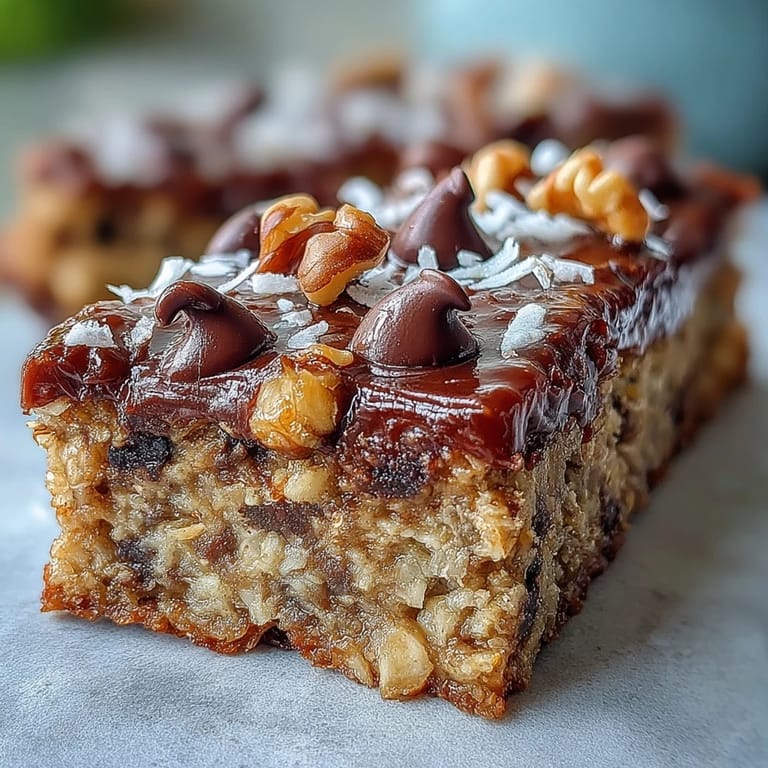 Freshly baked Chunky Monkey Protein Baked Oat Bars on a rustic wooden cutting board.