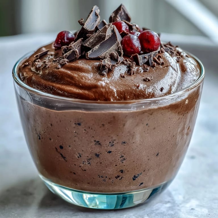 Spoon-ready Cottage Cheese Chocolate Mousse served in a small ramekin, garnished with chocolate chips and fresh berries.