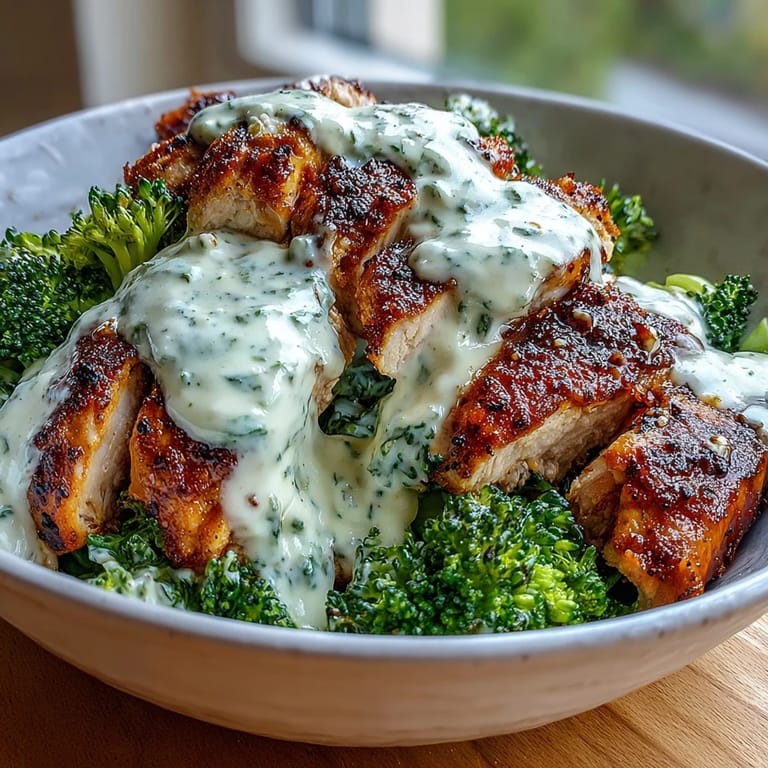 Two vibrant bowls of grilled chicken, roasted broccoli, and creamy garlic sauce, showcasing a delicious, low-carb dinner for two.