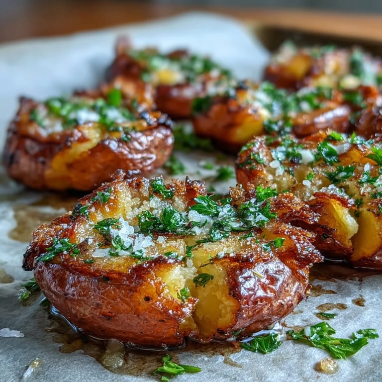 Platter of savory smashed Garlic Potatoes garnished with parsley, ready to serve with steak.
